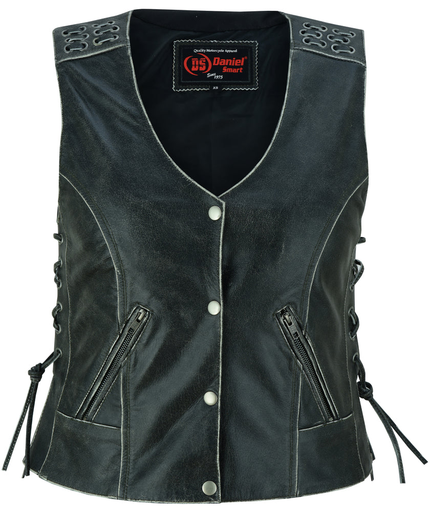 Full Front DS Women's Gray Vest with Grommet and Lacing Accents