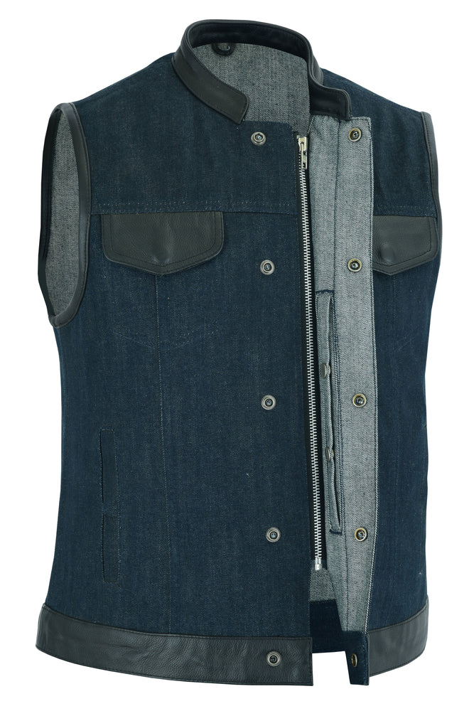 Side View DM Women's Broken Blue Rough Rub-Off Raw Finish Denim Vest W/Leath