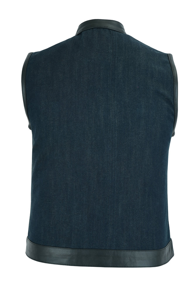 Back View DM Women's Broken Blue Rough Rub-Off Raw Finish Denim Vest W/Leath