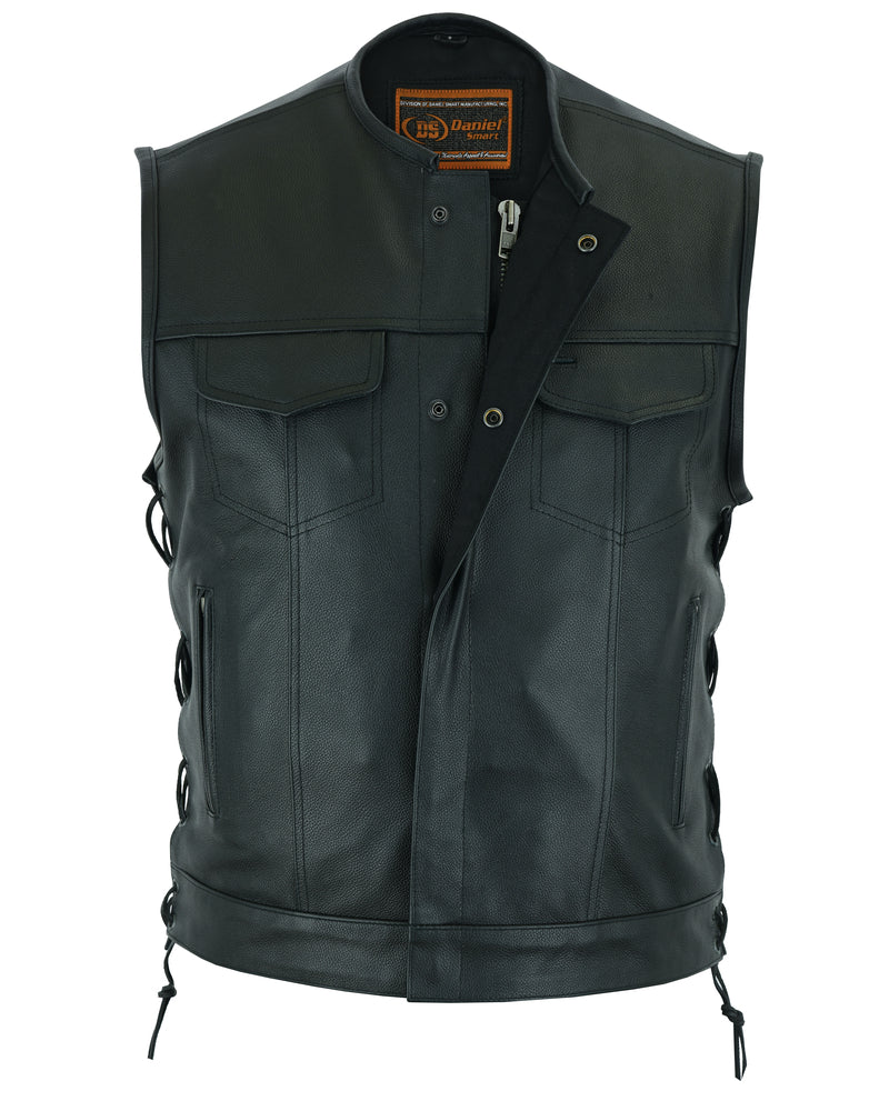 DS Men's Combat Black motorcycle Leather Vest - Gun Pockets & Side Laces