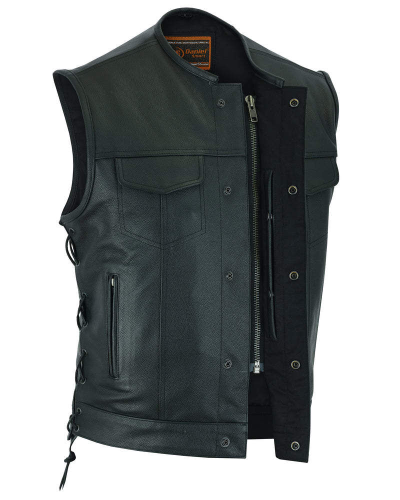 DS Men's Combat Black motorcycle Leather Vest - Gun Pockets & Side Laces
