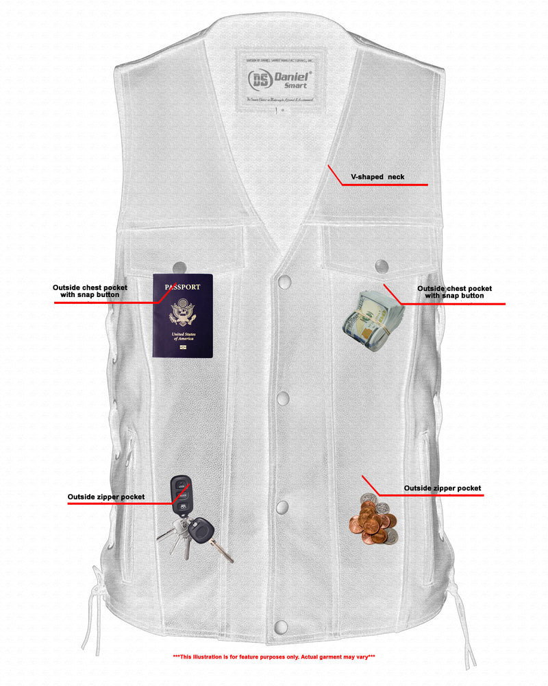 DS Men's Black Leather Vest with Side Laces and Smart Access Pockets