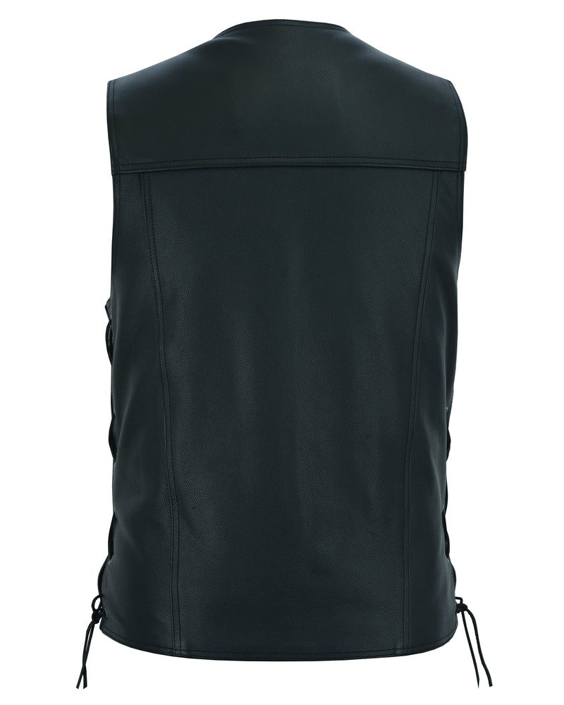 DS Men's Black Leather Vest with Side Laces and Smart Access Pockets