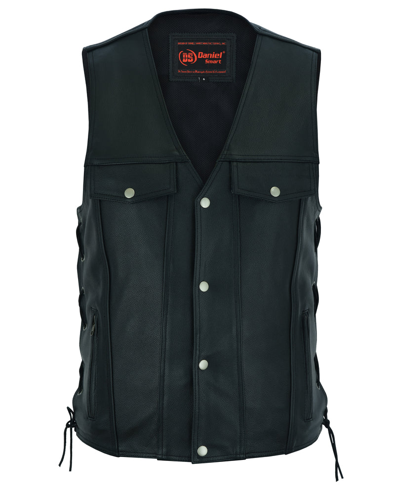 DS Men's Black Leather Vest with Side Laces and Smart Access Pockets