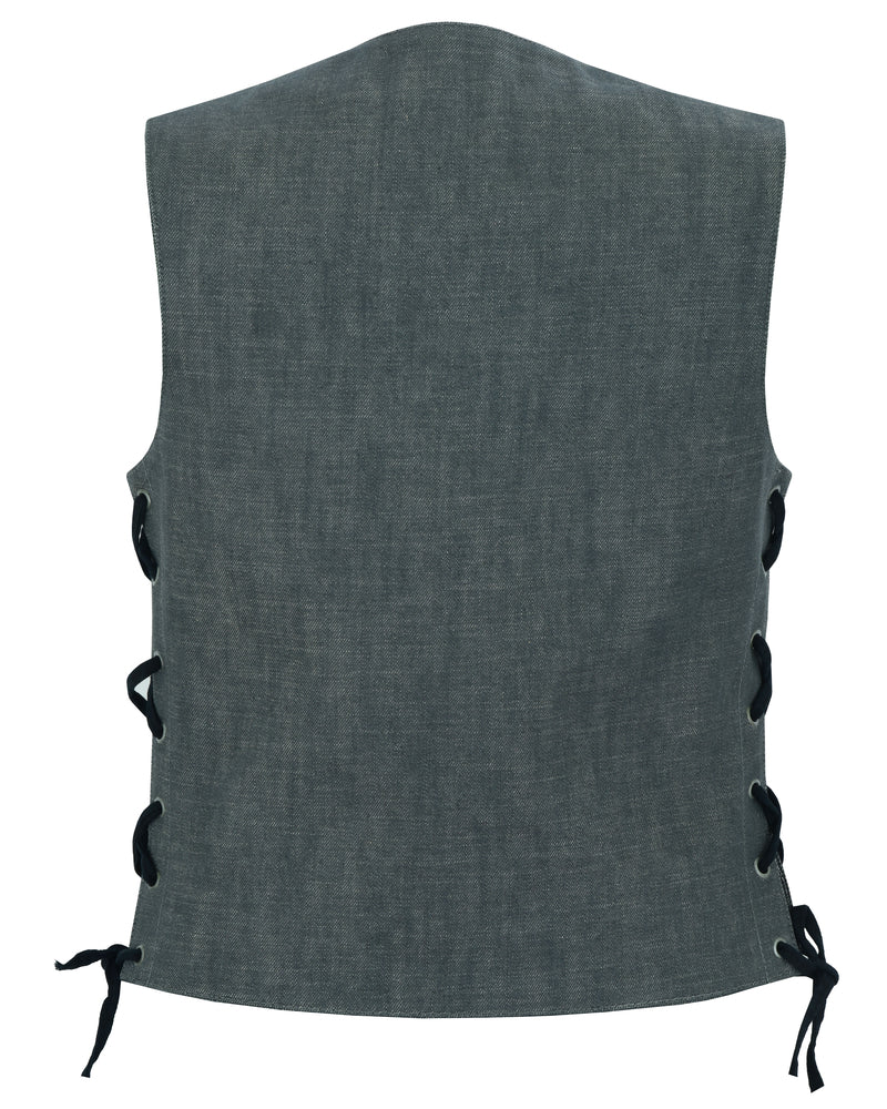 Back Of DM Women's Rough Rub-Off Raw Finish Broken Gray Denim Vest