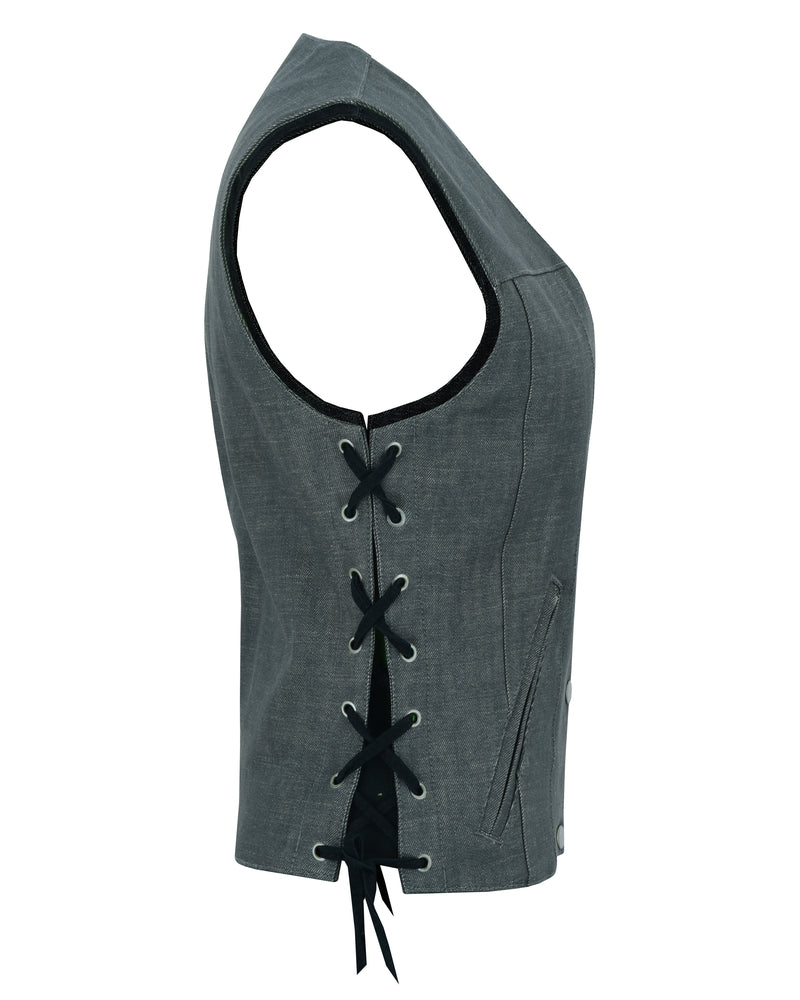 Side View DM Women's Rough Rub-Off Raw Finish Broken Gray Denim Vest