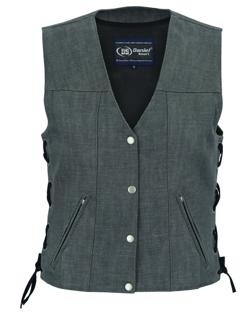 Full Front DM Women's Rough Rub-Off Raw Finish Broken Gray Denim Vest