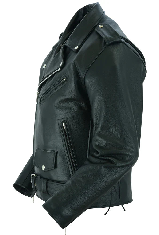 Side View Classic Star Black Men’s Leather Motorcycle Jacket – Adjustable Fit