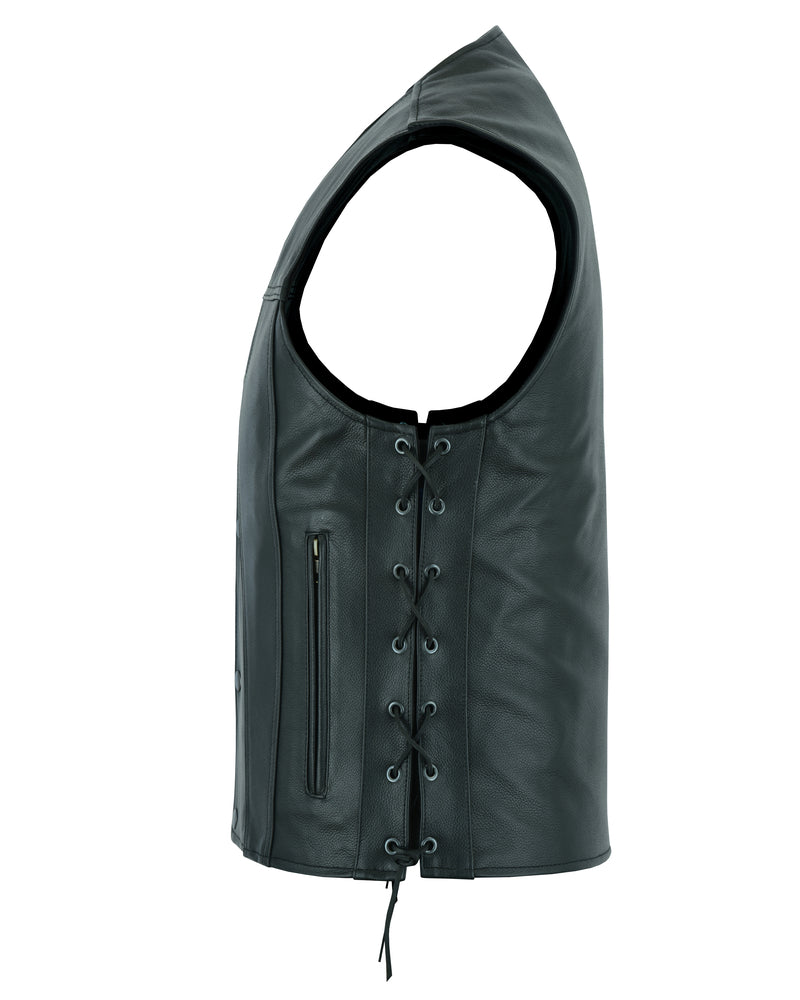 Side View Clubster Men's Black Milled Cowhide Side Lace Motorcycle Leather Vest