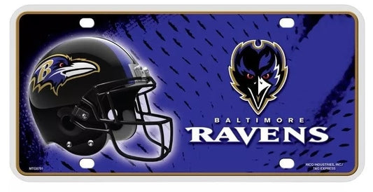 Metal license plate with a purple background featuring the Baltimore Ravens logo and a football helmet