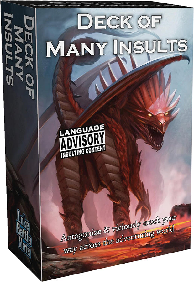 Box for 'Deck of Many Insults' with a dragon illustration and language advisory label.