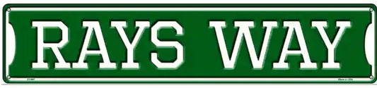 Green street sign with 'RAYS WAY' text