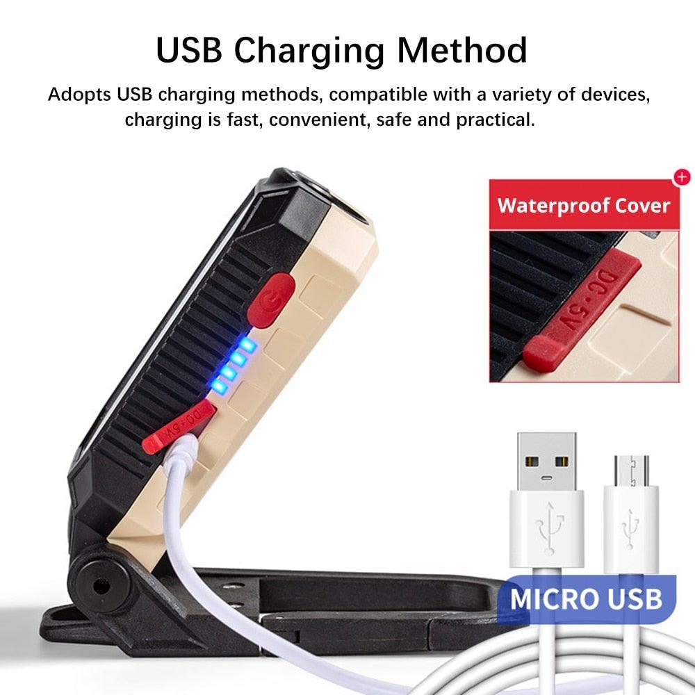 Rechargeable Adjustable USB LED Portable Charger Battery High Capacity with Digital Display LCD Screen Waterproof Flashlight COB Work Light For Repairing Outdoor Camping