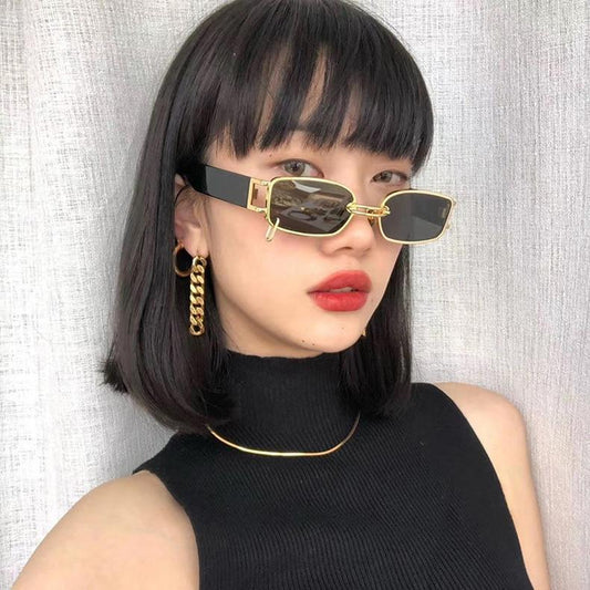Rectangle Sunglasses Women Trendy Design UV Protection Small Sun Glasses Small Size Rectangle New Punk Style Sunglasses For Women Design New Stylish Vintage Metal Ring With Decoration Sunglasses In Decent Shades For Men & Women