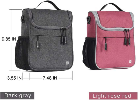 Two backpacks, one dark gray and one light rose red, with measurements indicated.