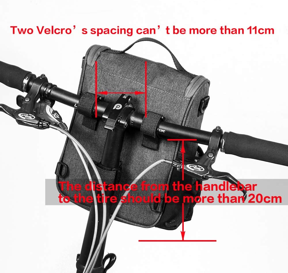 Bicycle handlebar bag with measurements indicated on a white background