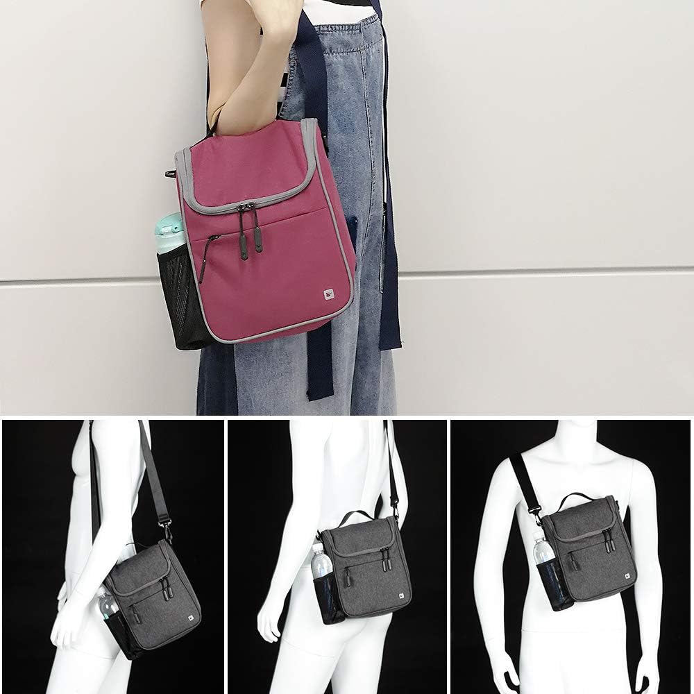 Collage of a pink backpack and three black bags on mannequins against a white background.