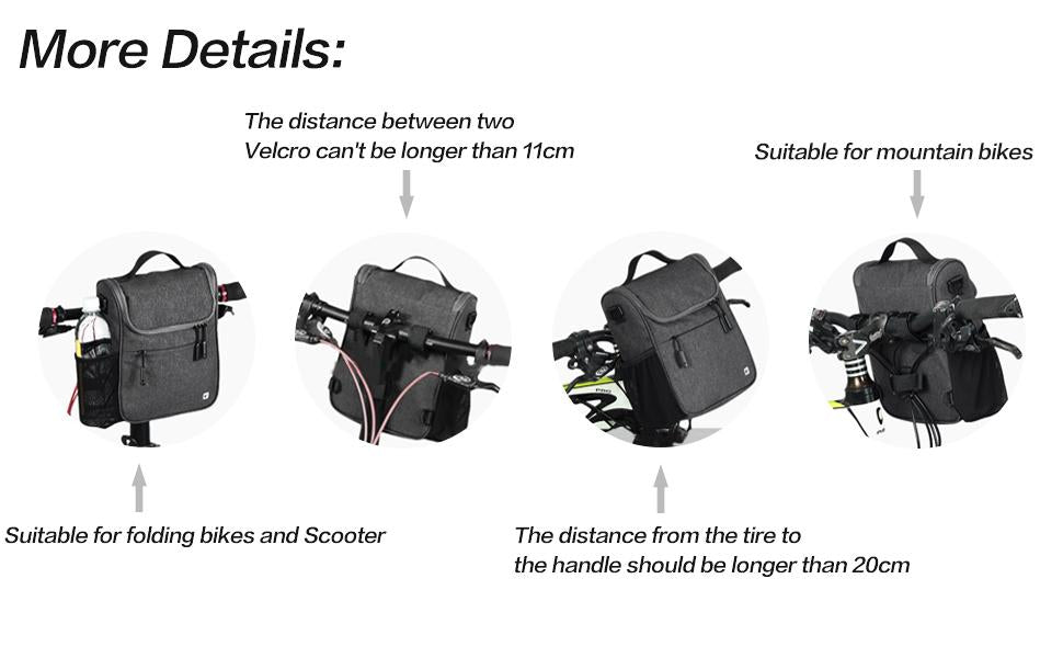 Black bike saddle bags with specifications on a white background