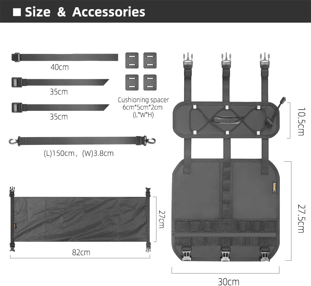 Measurement chart of a Bike bag with straps and dimensions on a white background