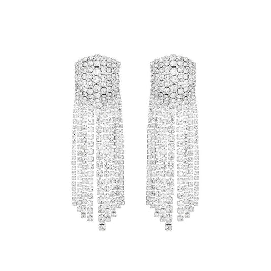 Silver Rectangle Iced Fringe Earrings