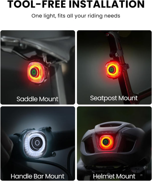 Bicycle light with tool-free installation on saddle, seatpost, handlebar, and helmet mounts.