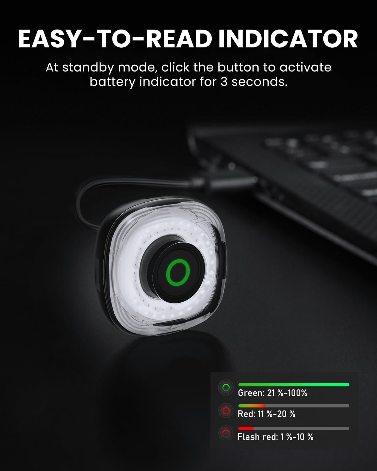 Indicator light with battery status display on a dark background