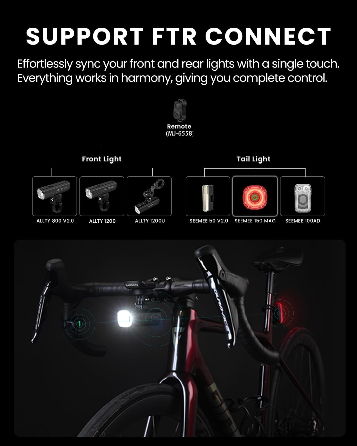 Bicycle lights system with front and rear lights on a dark background, featuring text about FTR Connect.