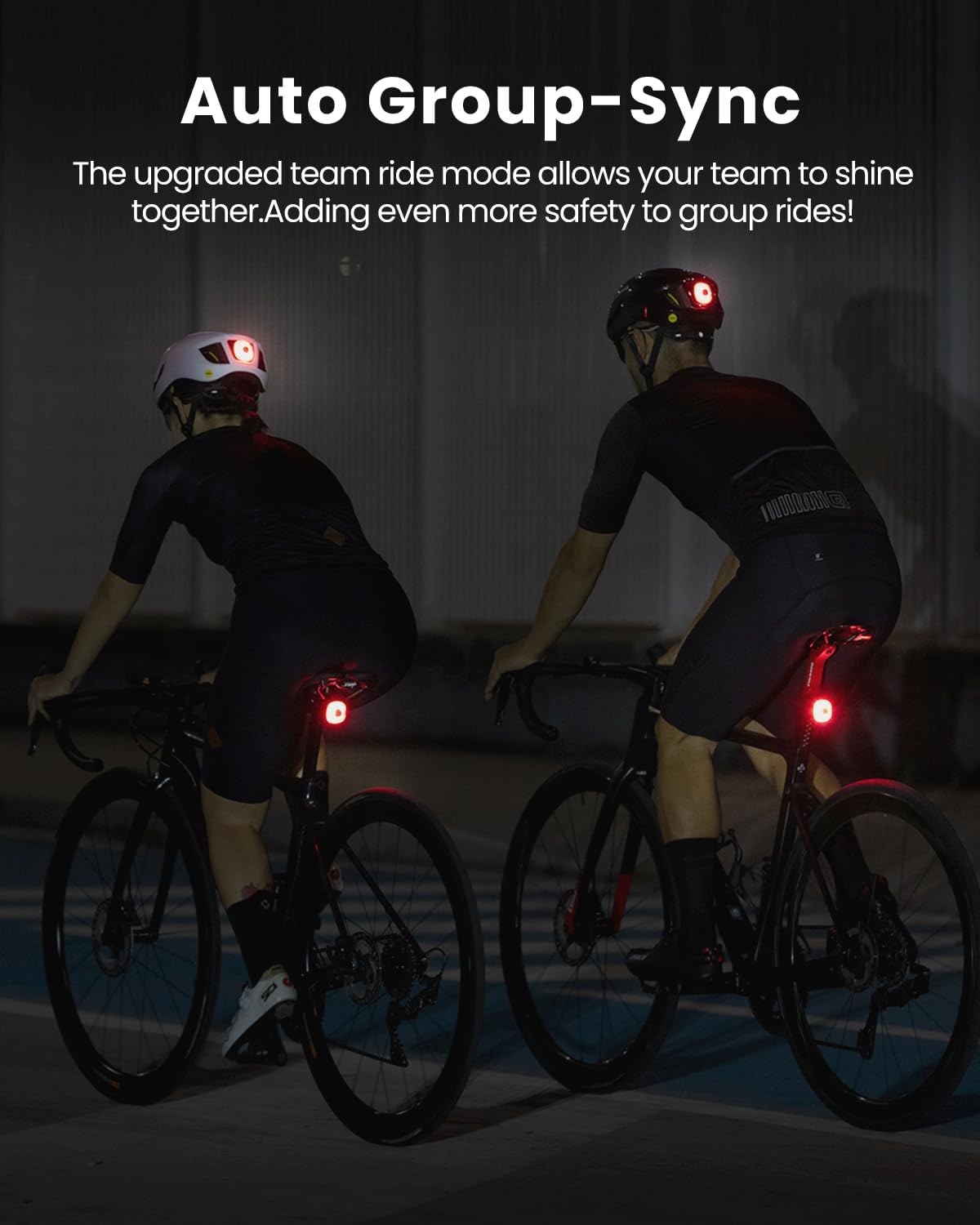 Two cyclists on bicycles with rear lights on, in a dark setting, highlighting safety features.