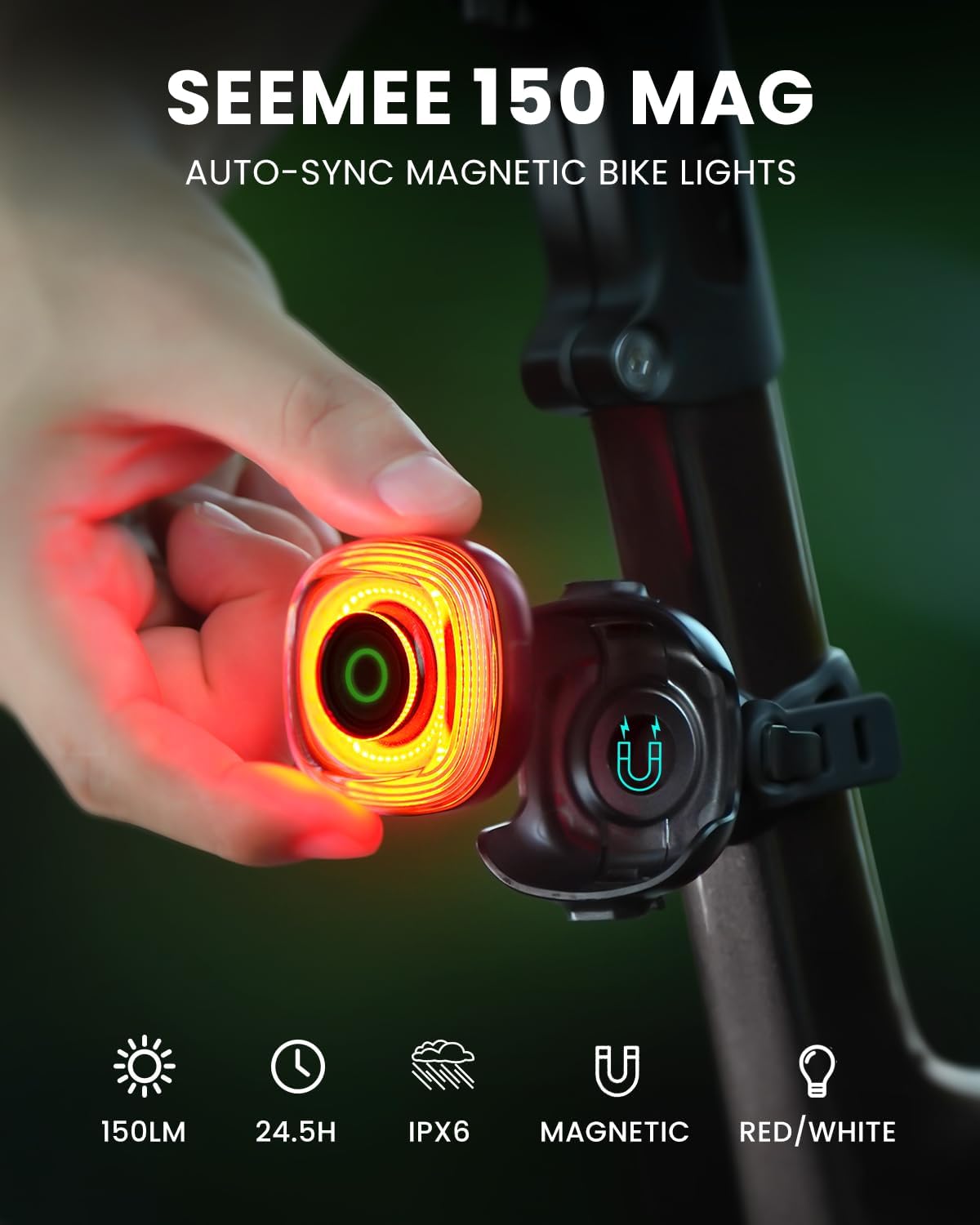Bicycle light with 'Seemee 150 Mag' branding, auto-sync magnetic bike lights, and features listed below.