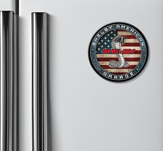 Shelby American Garage logo on a refrigerator door