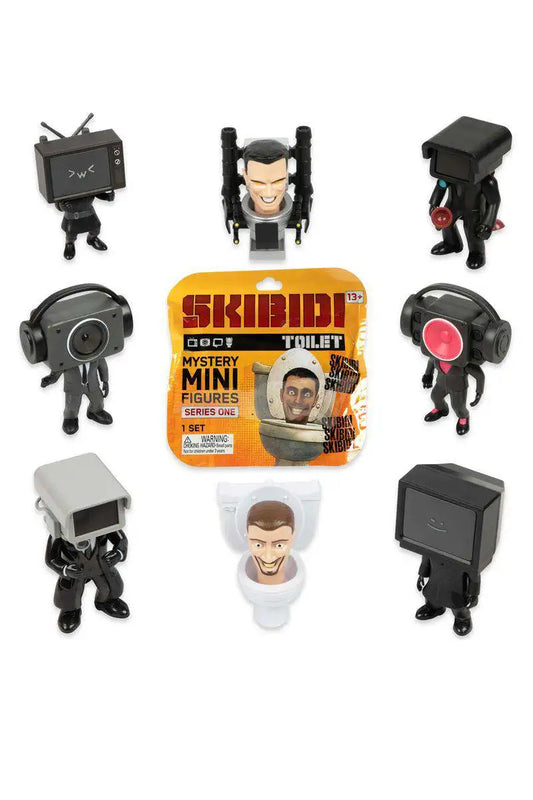 Set of Skibidi toy figures with a packaging box in the center on a white background