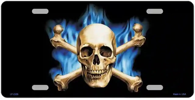 Skull and Crossbones Blue Flames License Plate