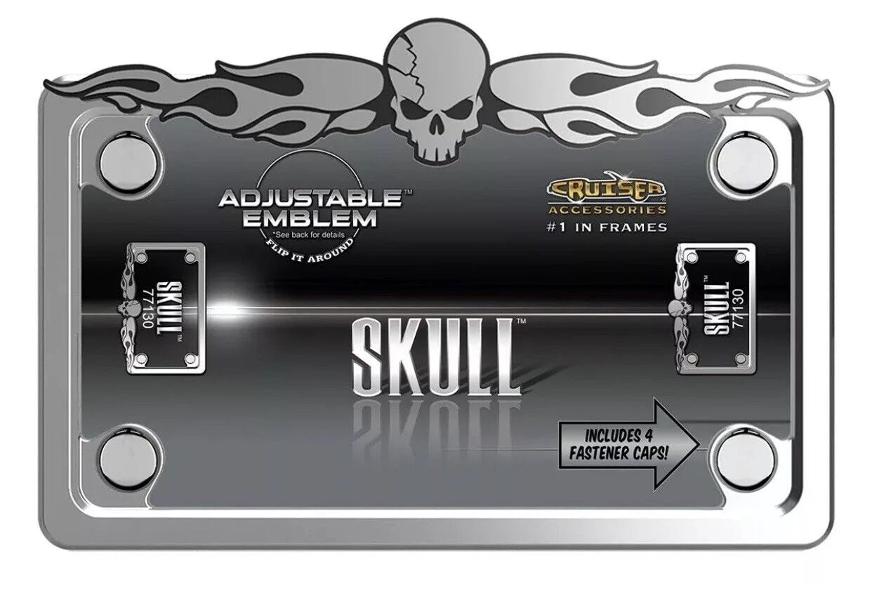 Chrome motorcycle license plate frame featuring a skull design with adjustable emblem, text 'SKULL', and pre-drilled holes.