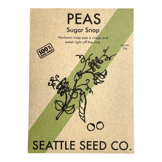 Seattle Seed Co. package for sugar snap peas with a green and brown design.