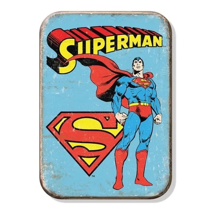 Vintage-style Superman logo and character on a blue background