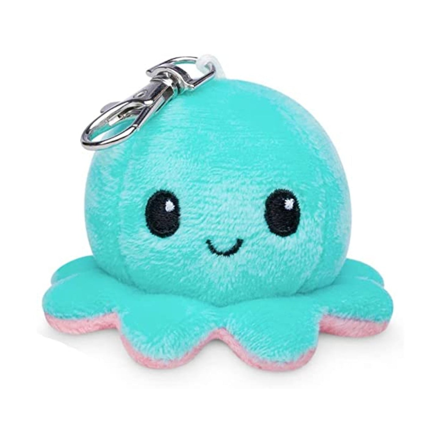 Turquoise plush octopus keychain with a happy face on a white background