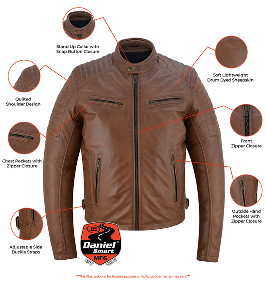 Infographic COPPER SLAYER MEN'S SHEEPSKIN LEATHER FASHION JACKET WITH SNAP BUTTON COLLAR