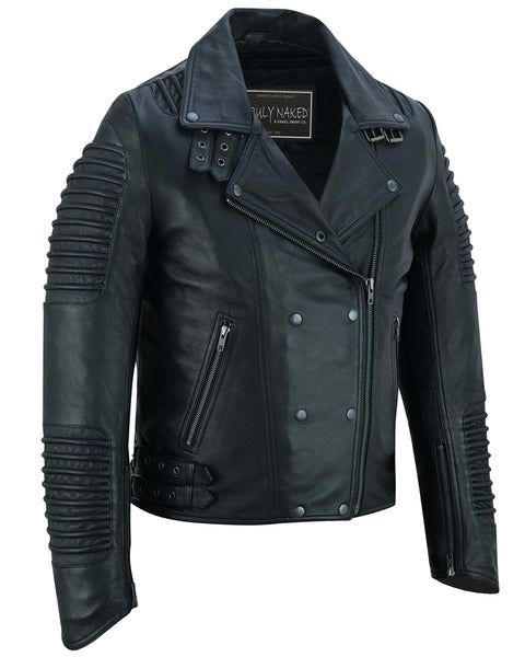 SHADOW QUEEN WOMEN'S BLACK FASHION LEATHER JACKET WITH RIBBED ACCENTS