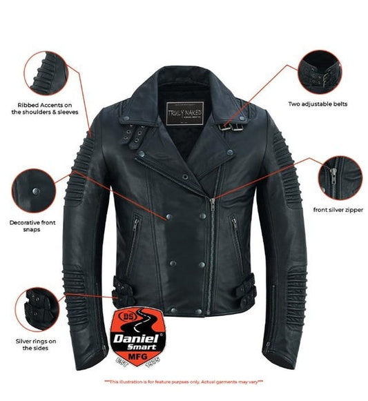 SHADOW QUEEN WOMEN'S BLACK FASHION LEATHER JACKET WITH RIBBED ACCENTS