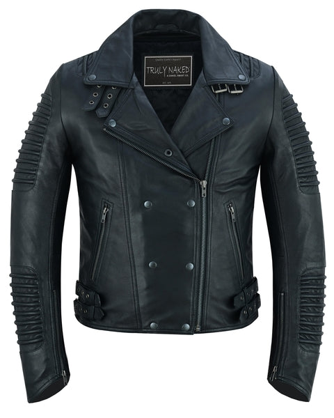 SHADOW QUEEN WOMEN'S BLACK FASHION LEATHER JACKET WITH RIBBED ACCENTS