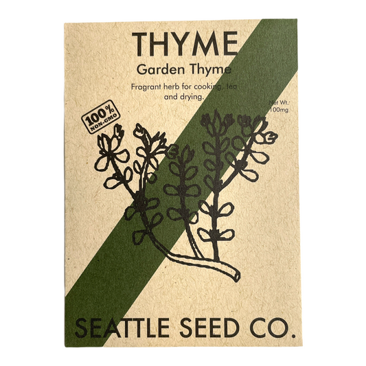 Seattle Seed Co. thyme seed packet with botanical illustration and brand name.