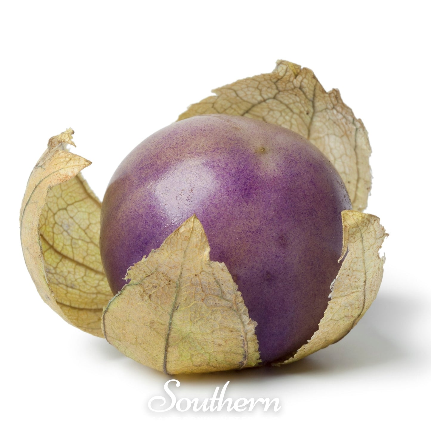 Purple fruit with a green husk on a white background, branded 'Southern'.