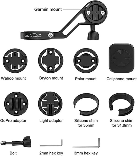 Collection of bike mount accessories with labels on a white background