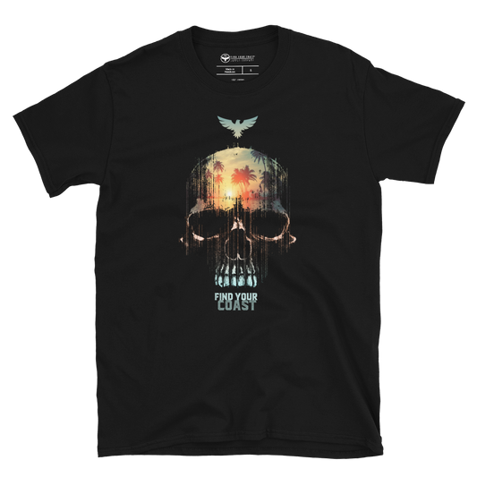 Black t-shirt with a skull and palm tree design on a white background