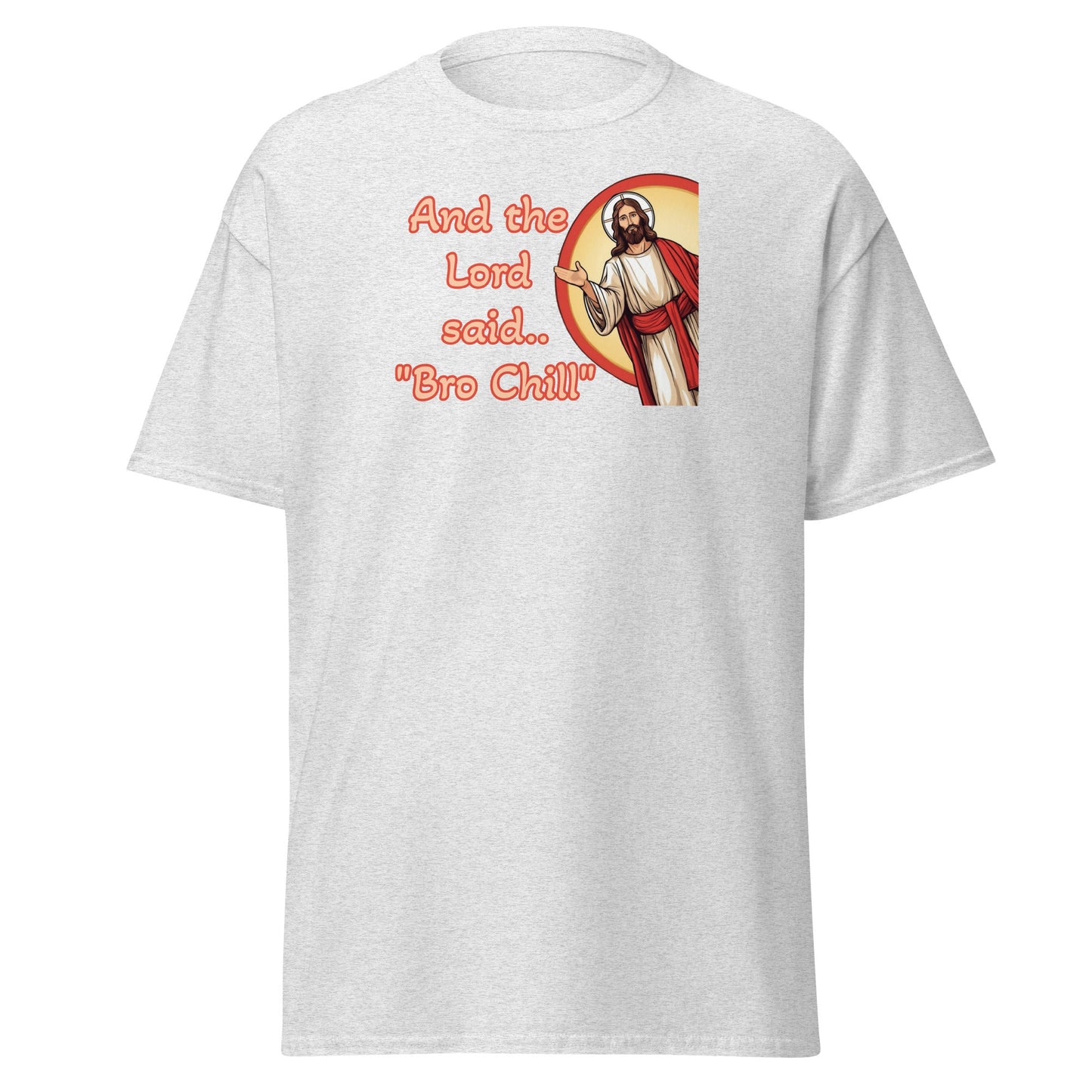 White t-shirt with graphic design and text on a white background