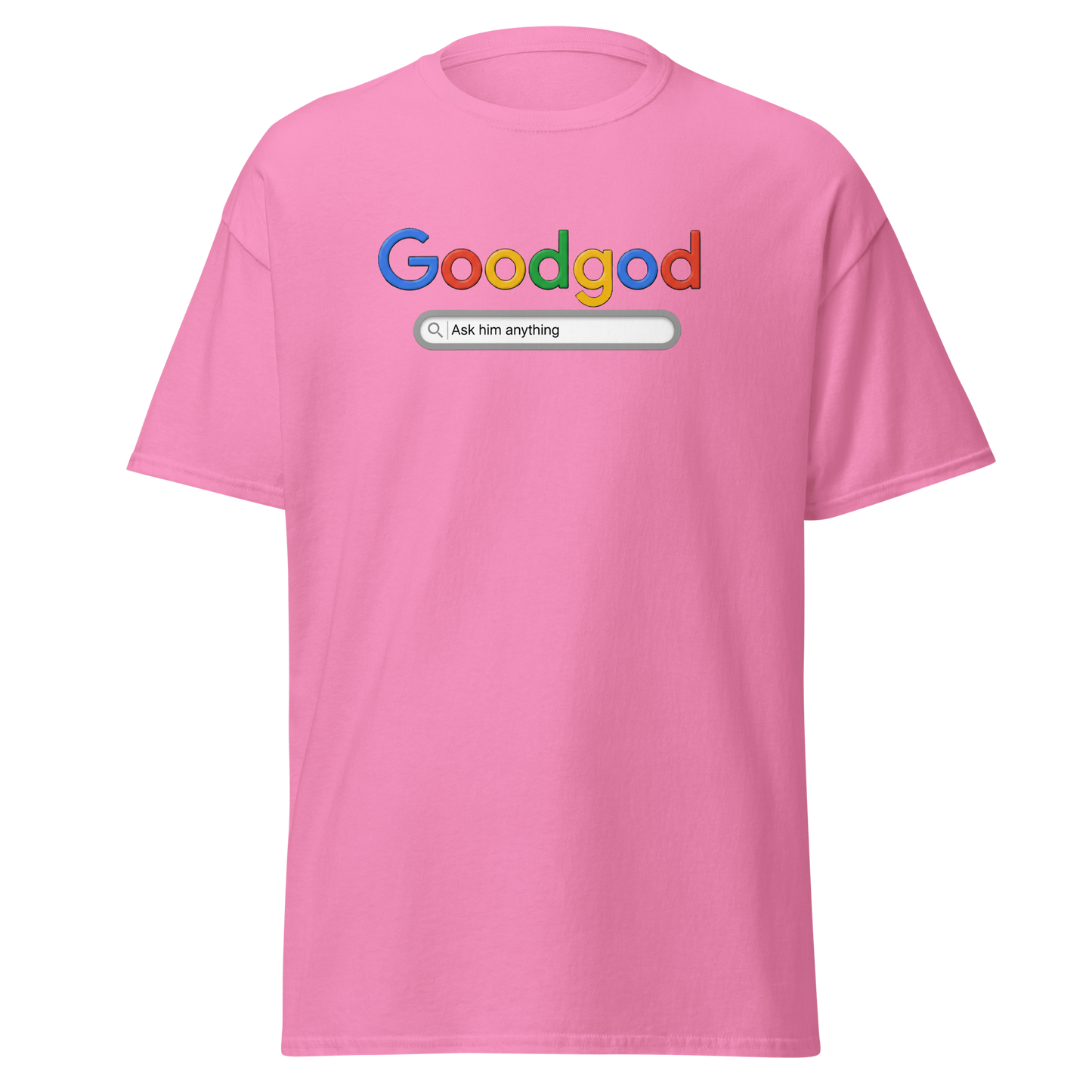 Pink t-shirt with colorful text design on a white background