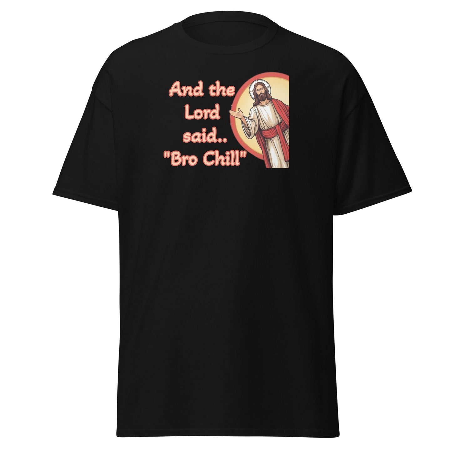 Black t-shirt with graphic design and text on a white background