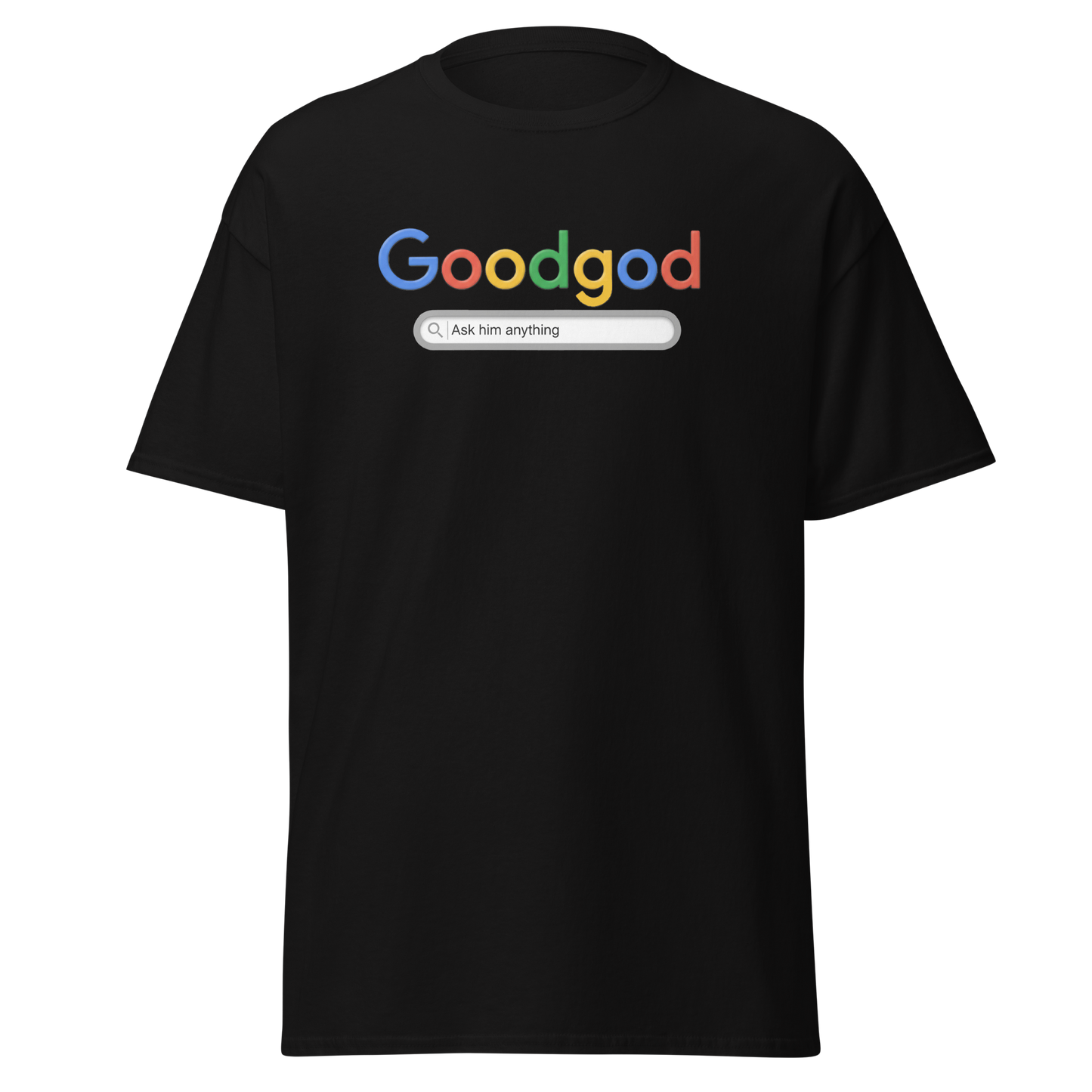 Black t-shirt with colorful 'Goodgod' text design on a white background