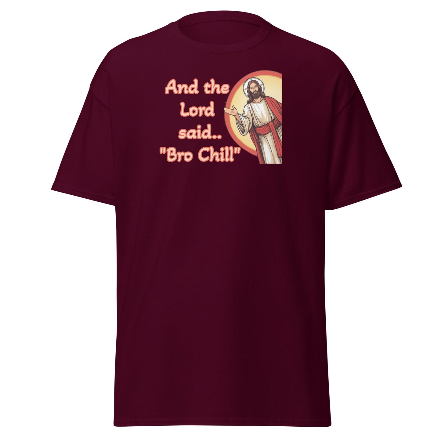 Maroon t-shirt with graphic and text on a white background