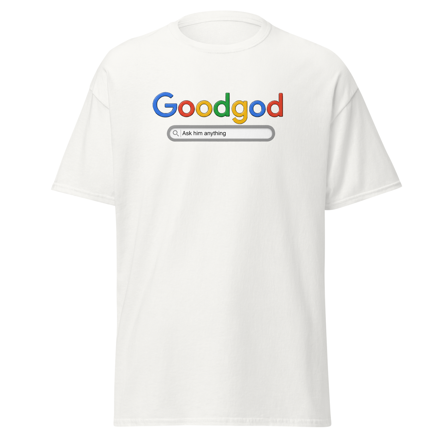 White t-shirt with 'Goodgod' text design on a white background